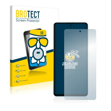 Front side of a product packaging with the brand logo BROTECT. Next to it is the device Xiaomi Poco X5 Pro shown with the corr
