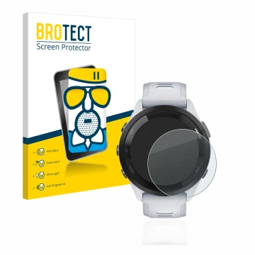 Front side of a product packaging with the brand logo BROTECT. Next to it is the device Garmin Forerunner 265 (46 mm) shown wi