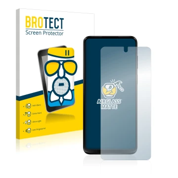 Front side of a product packaging with the brand logo BROTECT. Next to it is the device Motorola Moto G13 shown with the corre