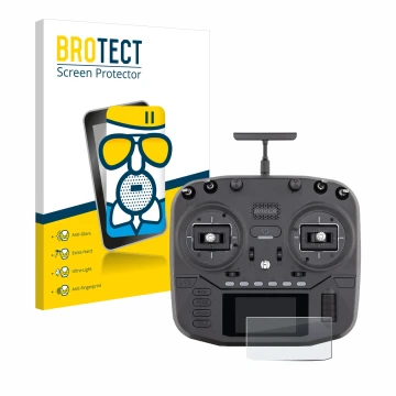 Front side of a product packaging with the brand logo BROTECT. Next to it is the device Radiomaster Boxer shown with the corre