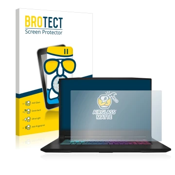 Front side of a product packaging with the brand logo BROTECT. Next to it is the device MSI Katana 17 B13V shown with the corr