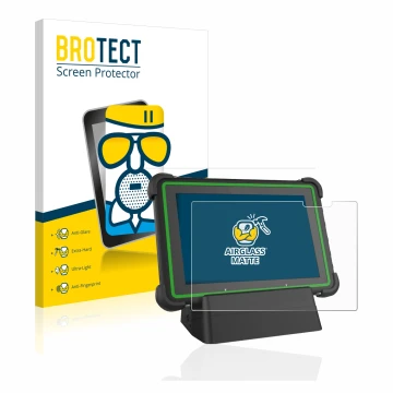 Front side of a product packaging with the brand logo BROTECT. Next to it is the device Hella Gutmann Mega Macs X (tablet) sho