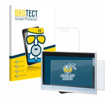 Front side of a product packaging with the brand logo BROTECT. Next to it is the device Siemens Simatic HMI TP1900 Comfort sho