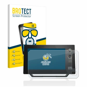 Front side of a product packaging with the brand logo BROTECT. Next to it is the device Humminbird Apex 13 MEGA SI+ shown with