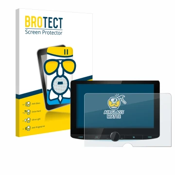 Front side of a product packaging with the brand logo BROTECT. Next to it is the device Kenwood DNR992RVS shown with the corre