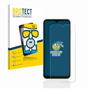 Front side of a product packaging with the brand logo BROTECT. Next to it is the device Samsung Galaxy A14 4G shown with the c