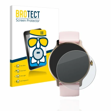 Front side of a product packaging with the brand logo BROTECT. Next to it is the device Hama Fit Watch 4910 shown with the cor