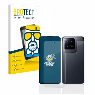 Front side of a product packaging with the brand logo BROTECT. Next to it is the device Xiaomi 13 (Front+Back) shown with the 