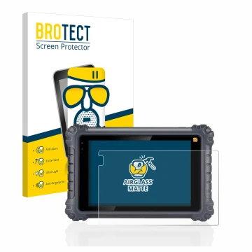 Front side of a product packaging with the brand logo BROTECT. Next to it is the device Autel MaxiCom MK906Pro-TS shown with t