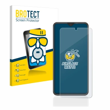 Front side of a product packaging with the brand logo BROTECT. Next to it is the device Beafon M6s premium shown with the corr
