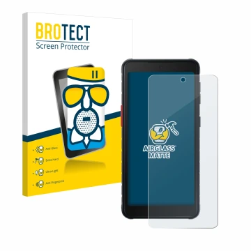 Front side of a product packaging with the brand logo BROTECT. Next to it is the device Samsung Galaxy XCover 5 Enterprise Edi