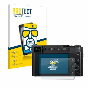 Front side of a product packaging with the brand logo BROTECT. Next to it is the device Panasonic Lumix DC-TZ202D shown with t
