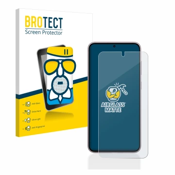 Front side of a product packaging with the brand logo BROTECT. Next to it is the device Samsung Galaxy S23 Enterprise Edition 