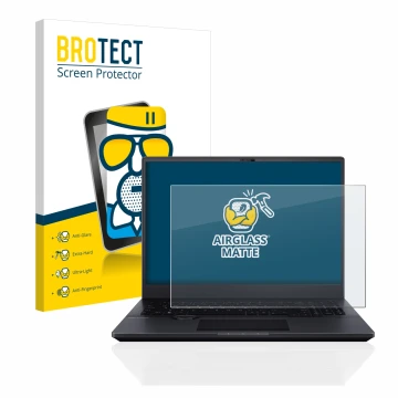 Front side of a product packaging with the brand logo BROTECT. Next to it is the device ASUS ProArt StudioBook 16 OLED shown w