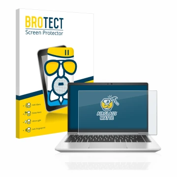 Front side of a product packaging with the brand logo BROTECT. Next to it is the device HP EliteBook 640 G9 shown with the cor