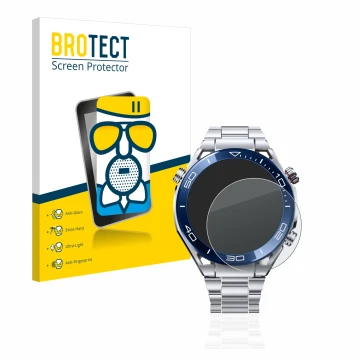 Front side of a product packaging with the brand logo BROTECT. Next to it is the device Huawei Watch Ultimate (48.5 mm) shown 