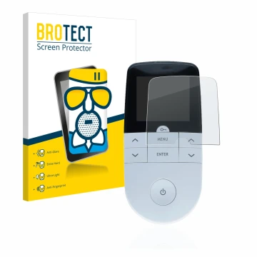 Front side of a product packaging with the brand logo BROTECT. Next to it is the device Beurer EM 49 Digital TENS/EMS shown wi