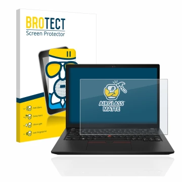 Front side of a product packaging with the brand logo BROTECT. Next to it is the device Lenovo ThinkPad X13 Gen 3 shown with t
