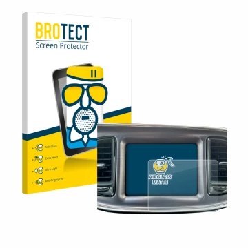 Front side of a product packaging with the brand logo BROTECT. Next to it is the device Dodge Challenger Uconnect 8.4