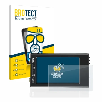 Front side of a product packaging with the brand logo BROTECT. Next to it is the device SDRGEEK NanoVNA-F V2 shown with the co