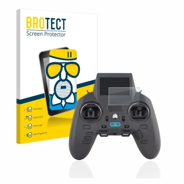 Front side of a product packaging with the brand logo BROTECT. Next to it is the device Radiomaster Zorro shown with the corre