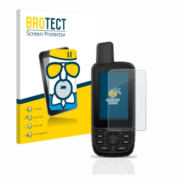 Front side of a product packaging with the brand logo BROTECT. Next to it is the device Garmin GPSMAP 67 shown with the corres