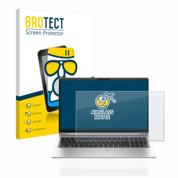 Front side of a product packaging with the brand logo BROTECT. Next to it is the device HP ProBook 450 G10 shown with the corr