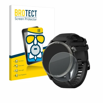 Front side of a product packaging with the brand logo BROTECT. Next to it is the device Kiprun GPS 900 by Coros shown with the
