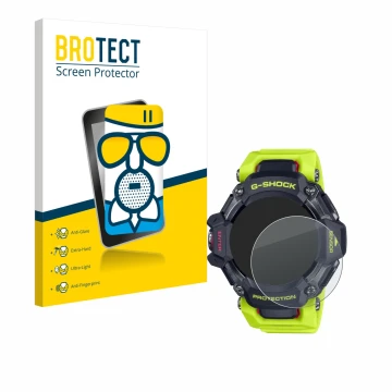 Front side of a product packaging with the brand logo BROTECT. Next to it is the device Casio G-Shock GBD-H2000 shown with the