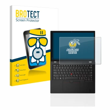 Front side of a product packaging with the brand logo BROTECT. Next to it is the device Lenovo Thinkpad L13 Gen 3 shown with t