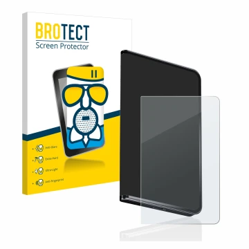 Front side of a product packaging with the brand logo BROTECT. Next to it is the device Ledger Stax crypto wallet shown with t
