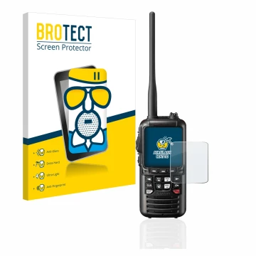 Front side of a product packaging with the brand logo BROTECT. Next to it is the device Standard Horizon HX890 shown with the 
