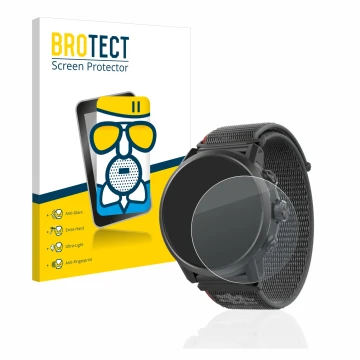 Front side of a product packaging with the brand logo BROTECT. Next to it is the device Coros Apex 2 shown with the correspond