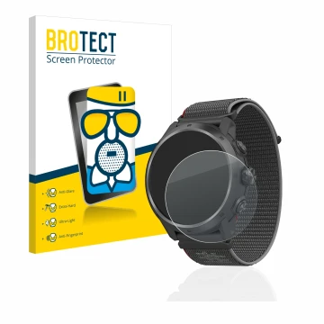 Front side of a product packaging with the brand logo BROTECT. Next to it is the device Coros Apex 2 Pro shown with the corres