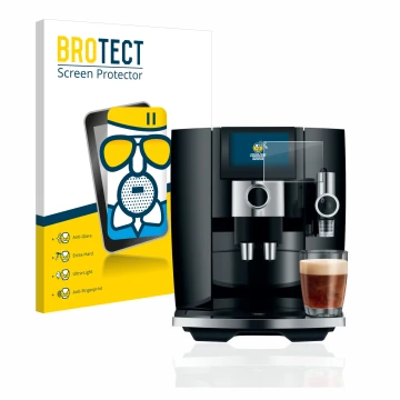 Front side of a product packaging with the brand logo BROTECT. Next to it is the device Jura J8 shown with the corresponding s