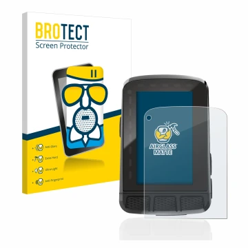 Front side of a product packaging with the brand logo BROTECT. Next to it is the device Wahoo Elemnt Roam 2 shown with the cor
