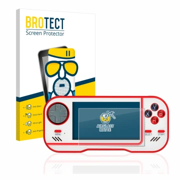 Front side of a product packaging with the brand logo BROTECT. Next to it is the device Blaze Evercade shown with the correspo
