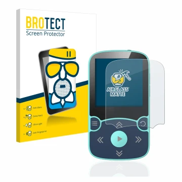 Front side of a product packaging with the brand logo BROTECT. Next to it is the device AGPtek A65X MP3 Player with clip shown