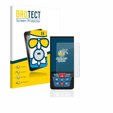Front side of a product packaging with the brand logo BROTECT. Next to it is the device Bosch GLM 100-25c shown with the corre