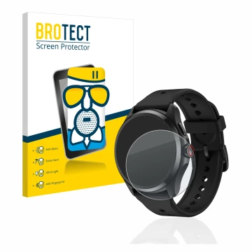 Front side of a product packaging with the brand logo BROTECT. Next to it is the device Mobvoi TicWatch Pro 5 shown with the c