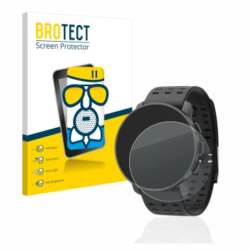 Front side of a product packaging with the brand logo BROTECT. Next to it is the device Suunto 9 Peak Pro shown with the corre