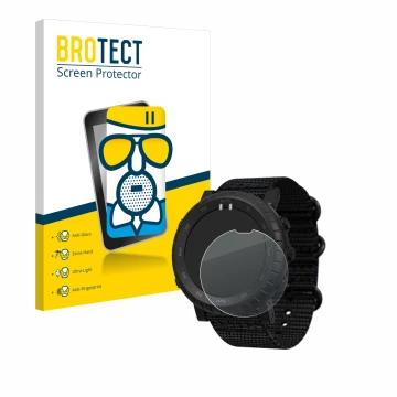 Front side of a product packaging with the brand logo BROTECT. Next to it is the device Suunto Core Alpha shown with the corre