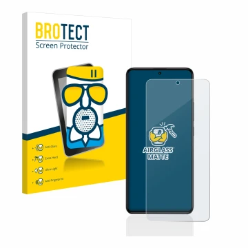 Front side of a product packaging with the brand logo BROTECT. Next to it is the device Xiaomi Poco F5 Pro shown with the corr
