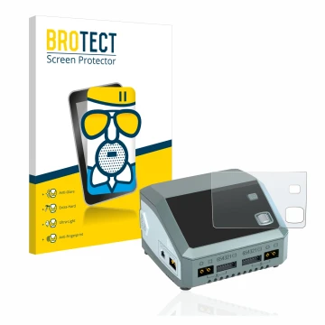 Front side of a product packaging with the brand logo BROTECT. Next to it is the device SkyRc D200 neo shown with the correspo