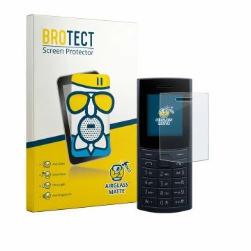 Front side of a product packaging with the brand logo BROTECT. Next to it is the device Nokia 110 4G (2023) shown with the cor