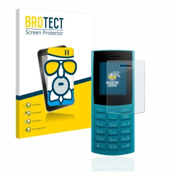 Front side of a product packaging with the brand logo BROTECT. Next to it is the device Nokia 105 4G (2023) shown with the cor