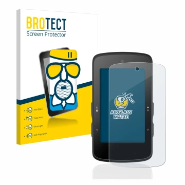 Front side of a product packaging with the brand logo BROTECT. Next to it is the device Bryton Rider 750 SE shown with the cor