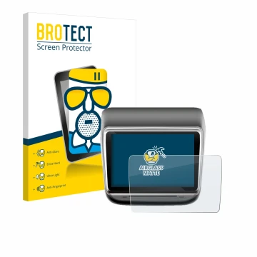 Front side of a product packaging with the brand logo BROTECT. Next to it is the device Tesla Model Y Infotainment System 7.2