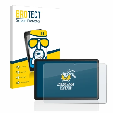 Front side of a product packaging with the brand logo BROTECT. Next to it is the device Amazon Fire Max 11 shown with the corr