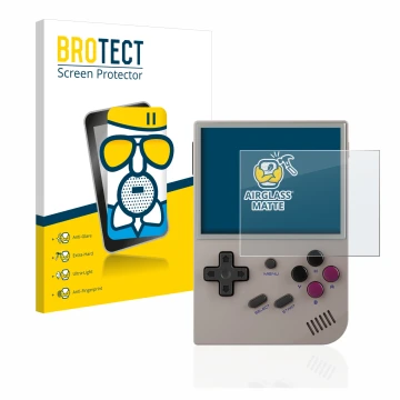 Front side of a product packaging with the brand logo BROTECT. Next to it is the device Anbernic RG35XX shown with the corresp
